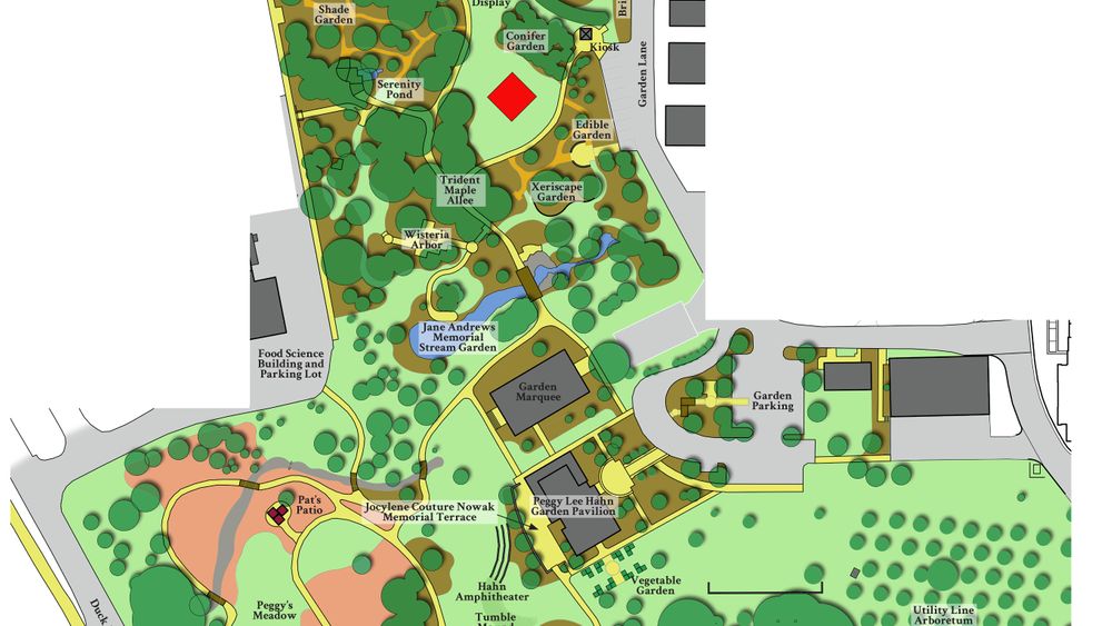 Map of the Hahn Horticulture Garden, the Red diamond marks the location where most large wedding ceremonies happen. Receptions are held in the Garden Marquee and Peggy Lee Hahn Garden Pavilion. 