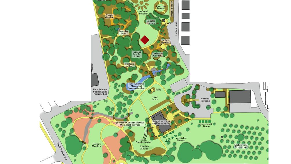 Map of the Hahn Horticulture Garden, the Red diamond marks the location where most large wedding ceremonies happen. Tents for receptions are usually set up on the tent lawn, which is just above the Peggy Lee Hahn Garden Pavilion. 