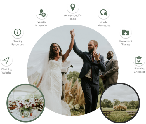 A happy couple holding raised hands during their wedding surrounded by a list of planning tools.